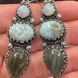 Beautiful Larimar and Fiery Labradorite 925 Silver Plated Earrings 2.5"